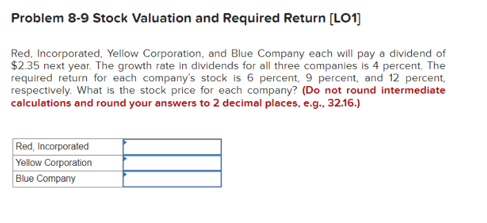  Problem 8-9 Stock Valuation and Required Return [LO1] Red, Incorporated, Yellow