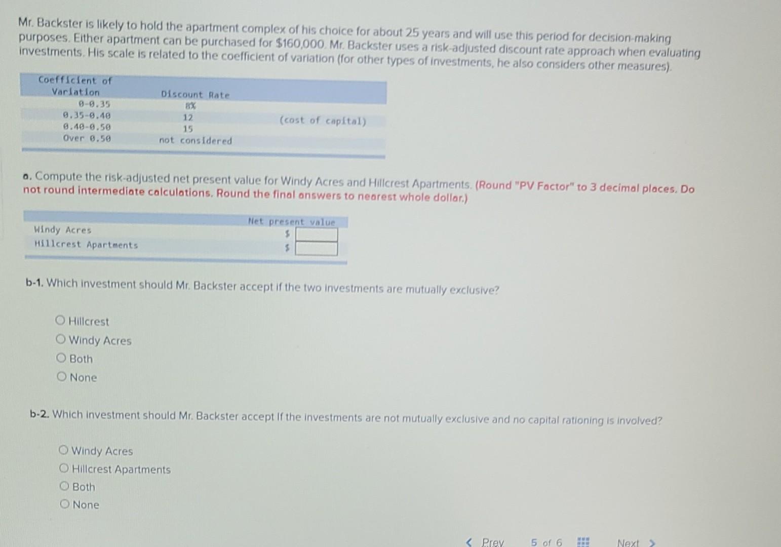  a. compute the risk-adjusted net present value for Windy Acres and