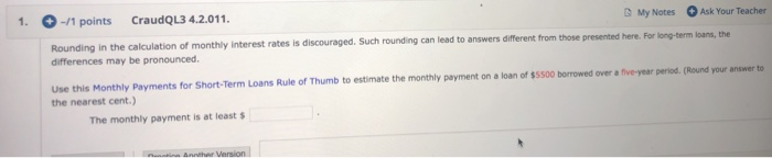 1. -/1 points CraudQL3 4.2.011. My Notes Ask Your Teacher Rounding