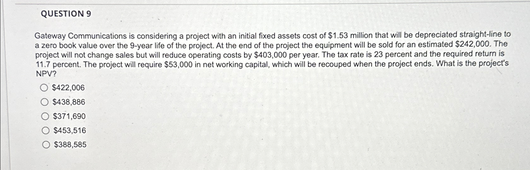  QUESTION 9 Gateway Communications is considering a project with an initial
