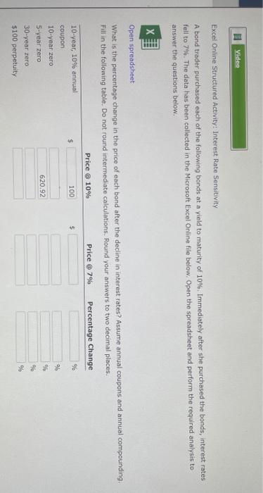  Video Excel Online Structured Activity: Interest Rate Sensitivity A bond trader