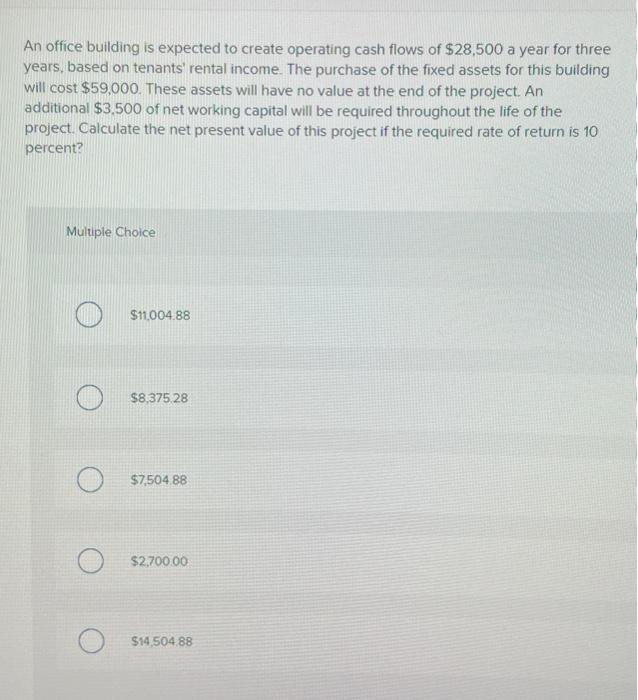  An office building is expected to create operating cash flows of