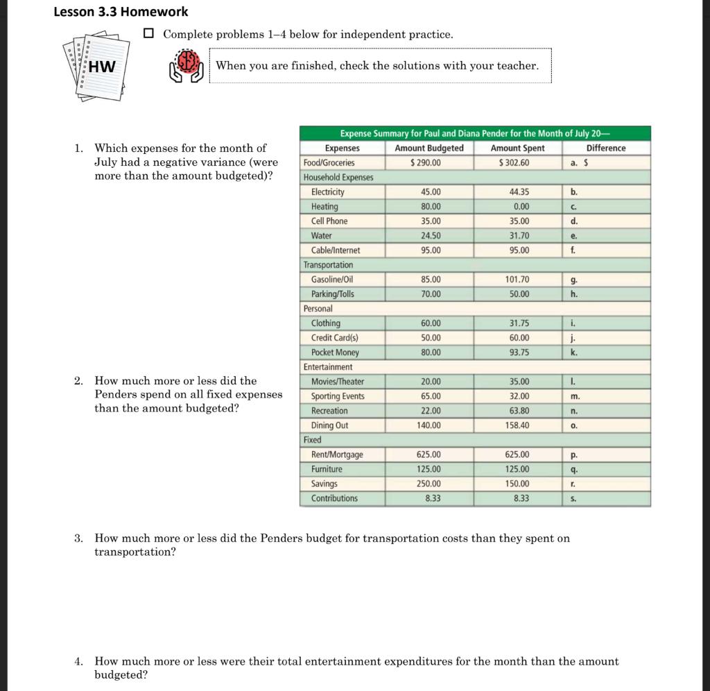 Lesson 3.3 Homework Complete problems 14 below for independent practice. 1.