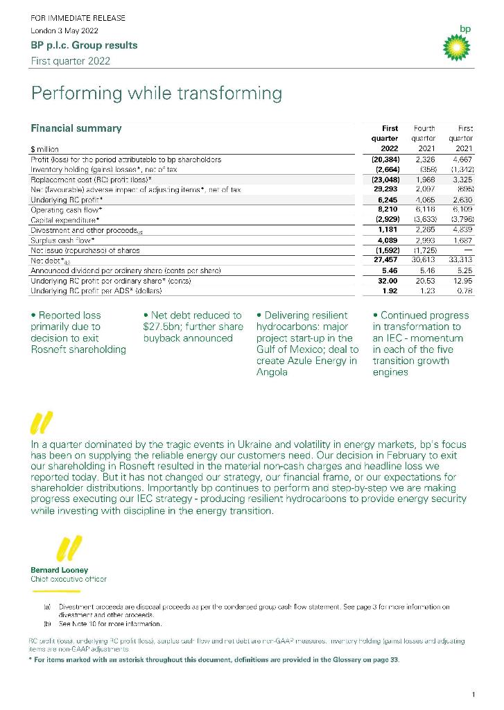 Is this considered a statement of cash flows? Performing while transforming decisiontoexitRosnoftsharcholdingtransitiongrowthAngolabuybackannouncedGulfofMexico;dealtocreateAzuleEnergyinenginesprojectstart-upintheanIEC-momentuminoachofthefive