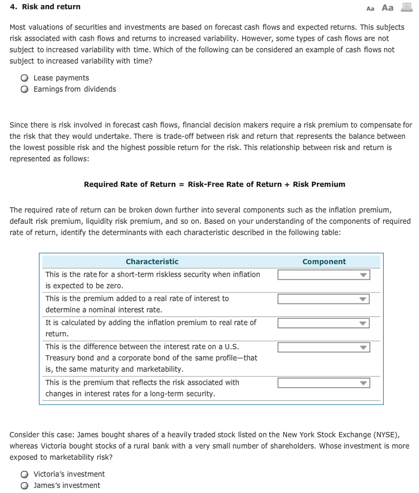 Risk and Return (Answer All please!) Select the best answer Drop
