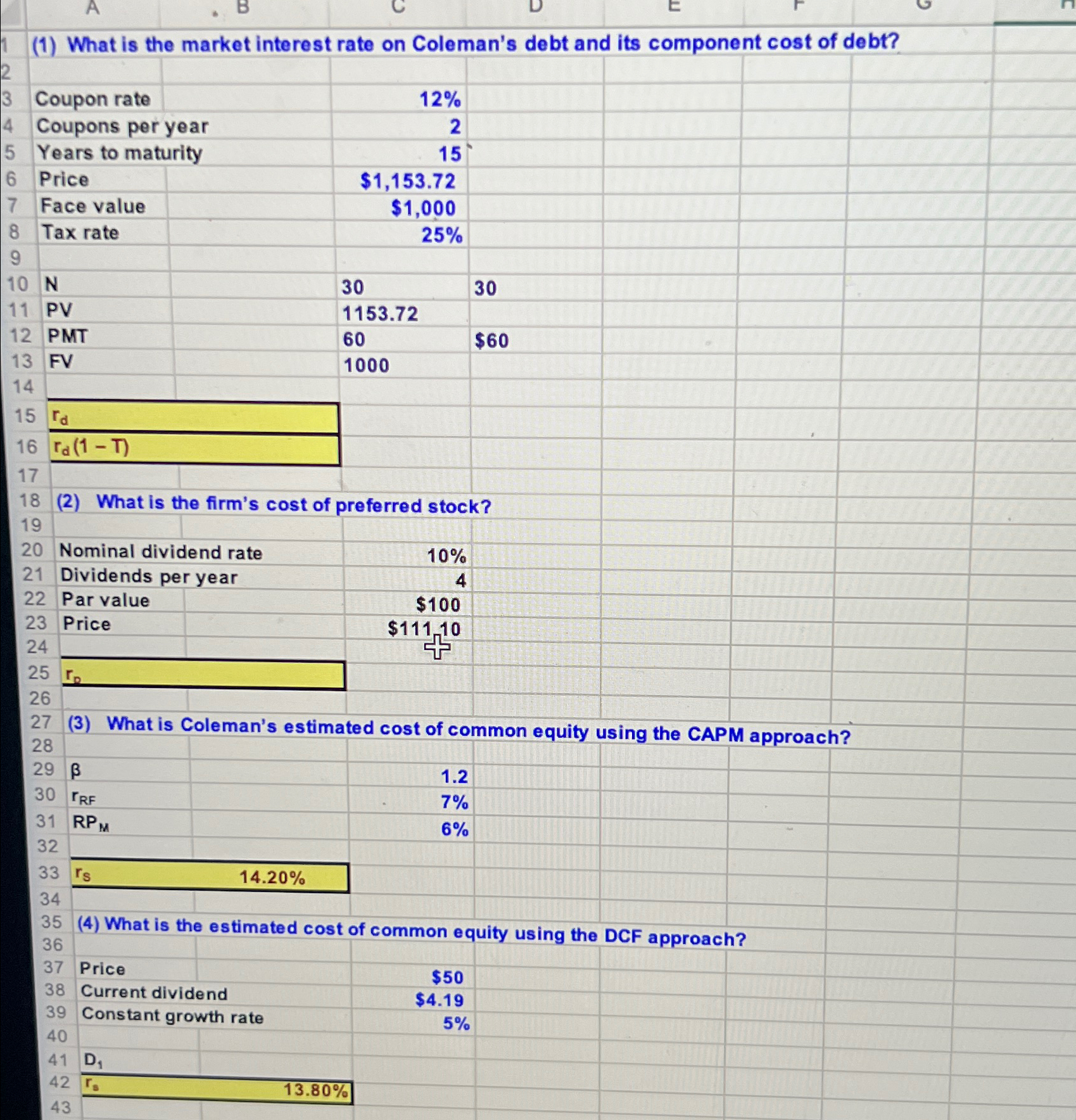  (5) What is the bond-yield-plus-risk-premium estimate for Coleman's cost of common