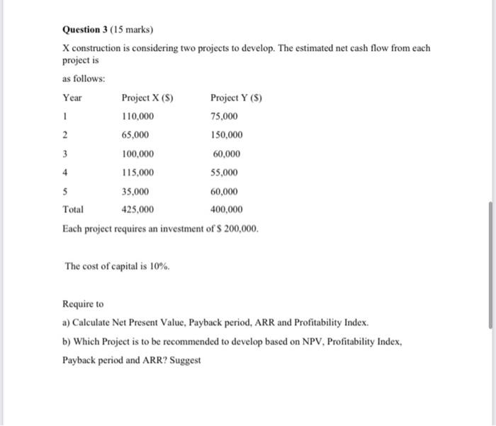  Question 3 (15 marks) X construction is considering two projects to