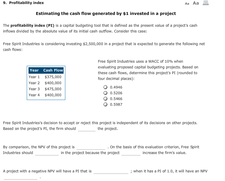 9. Profitability index Aa Aa E Estimating the cash flow generated