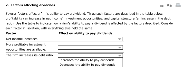 The Options for ALL three boxes are: A: Increases the ability to