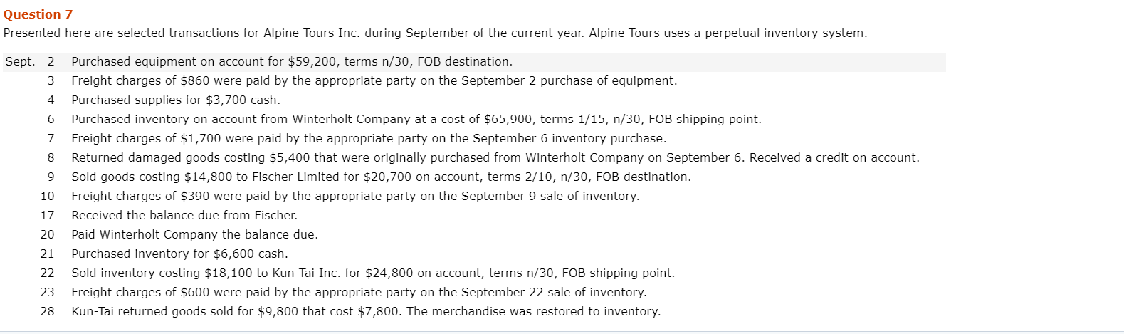  Question 7 Presented here are selected transactions for Alpine Tours Inc.