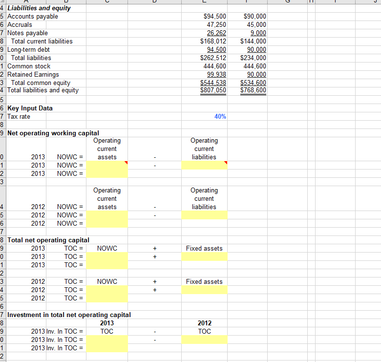 financial statements shown below, calculate net operating working capital, total net operating