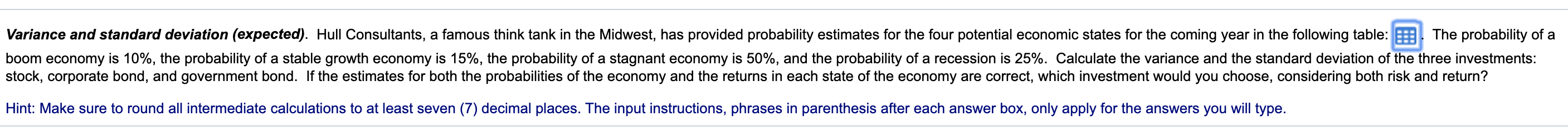 Variance and standard deviation (expected). Hull Consultants, a famous think tank