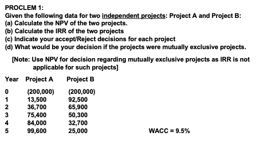  PROCLEM 1: Given the following data for two independent projects: Project