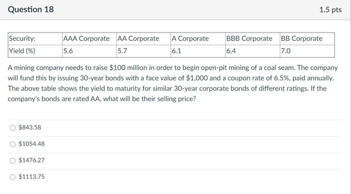  Question 18 1.5 pts Security: Yield (%) AAA Corporate AA Corporate