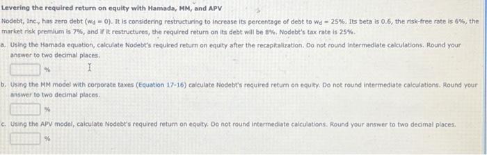  Levering the required return on equity with Hamada, MM, and APV