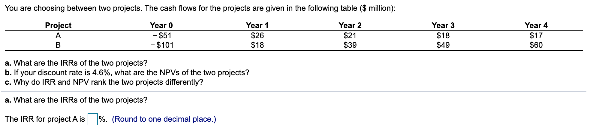  You are choosing between two projects. The cash flows for the