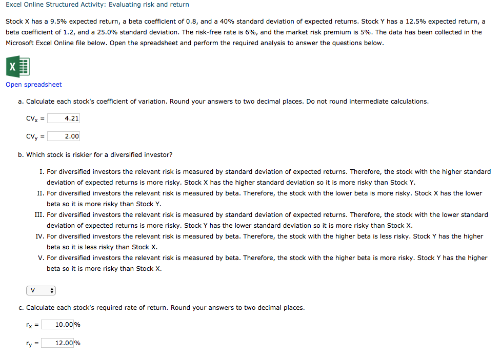 Excel Online Structured Activity: Evaluating risk and return Stock X has