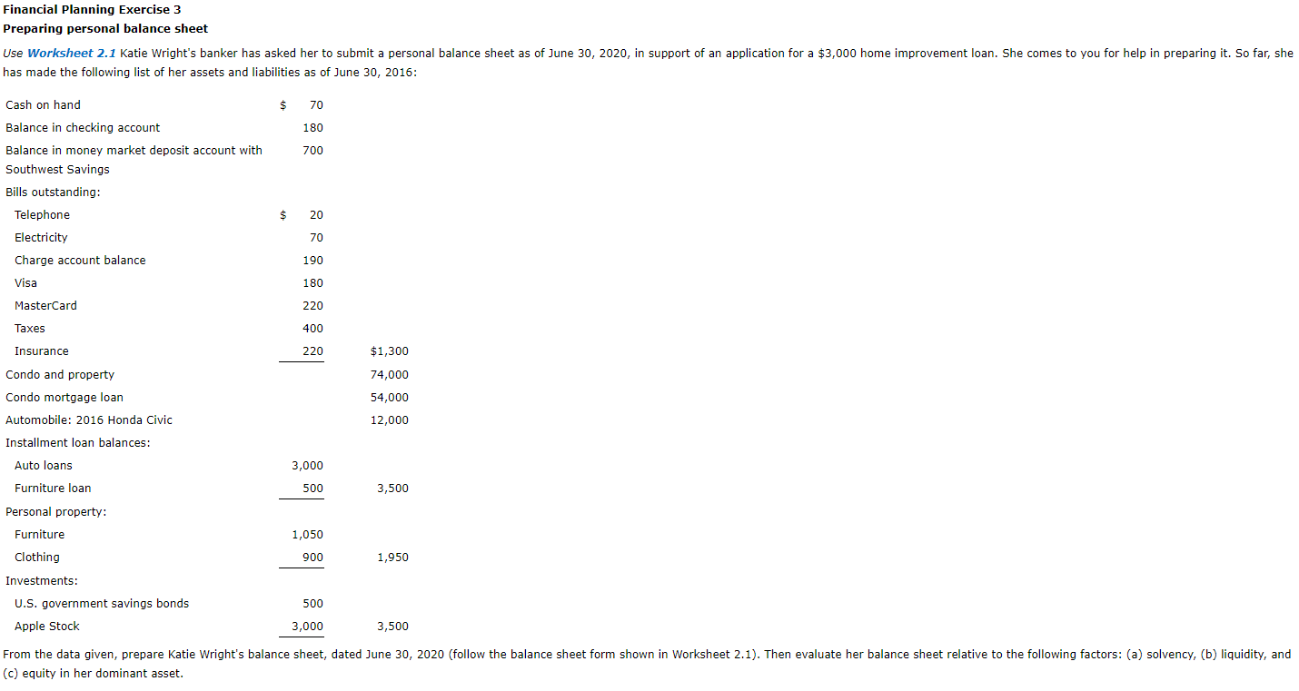  Financial Planning Exercise 3 Preparing personal balance sheet has made the