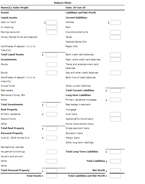 following list of her assets and liabilities as of June 30,2016 :