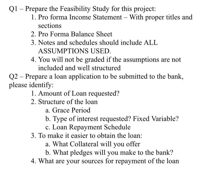  Q1 Prepare the Feasibility Study for this project: 1. Pro forma