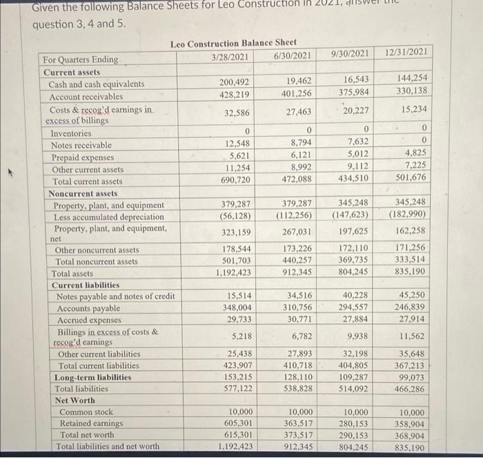  question 3,4 and 5 . What is the average quick ratio