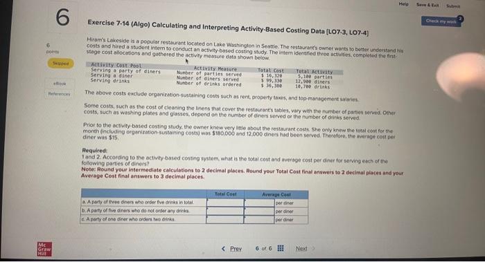  Exercise 7-14 (Algo) Calculating and Interpreting Activity-Based Costing Data [LO7-3, LO7-4]