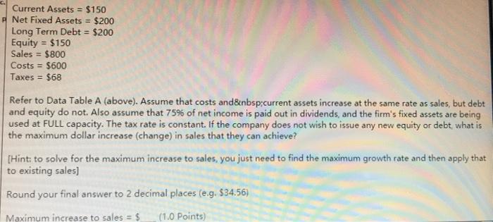  Current Assets = $150 Net Fixed Assets = $200 Long Term
