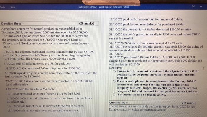  final (Protected view) - Word Product Actation Failed) Question three: (20