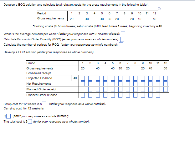  Develop a EOQ solution and calculate total relevant costs for the