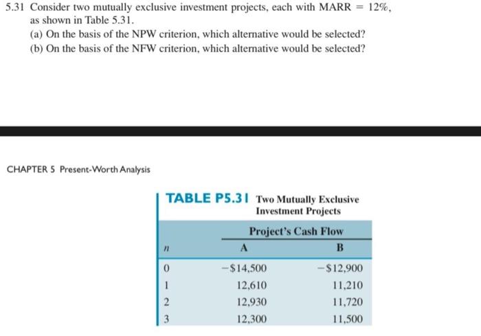 please solve without excel 5.31 Consider two mutually exclusive investment projects, each