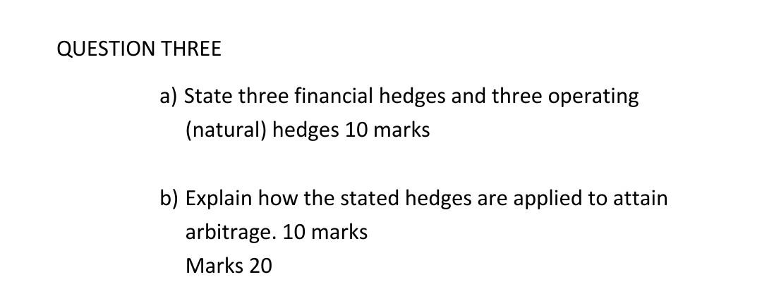  QUESTION THREE a) State three financial hedges and three operating (natural)