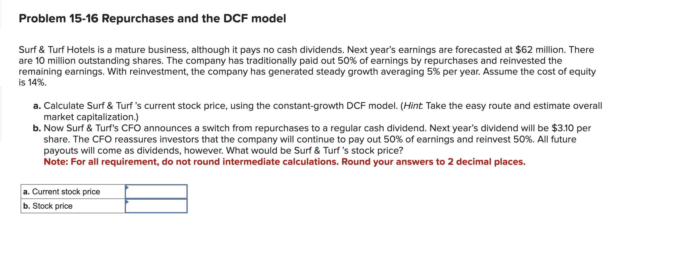  Problem 15-16 Repurchases and the DCF model Surf & Turf Hotels