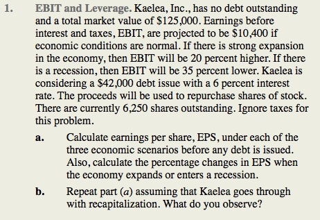 13.1. EBIT and Leverage a. Calculate EPS and the changes in