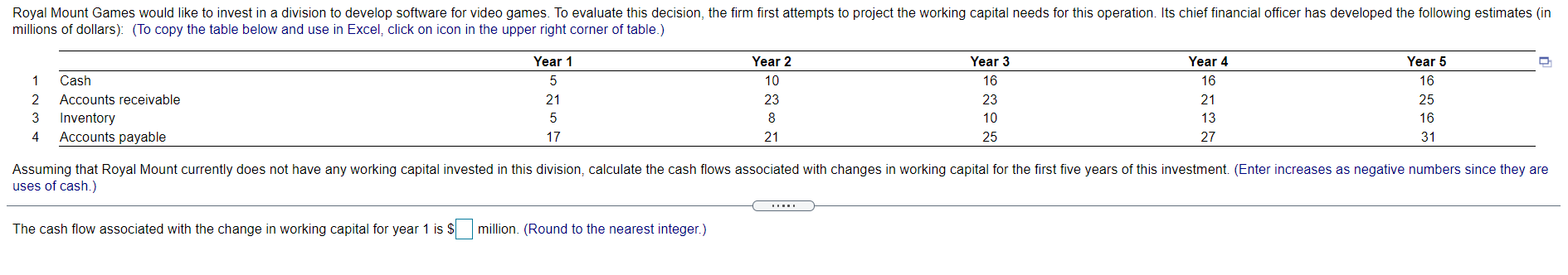 Please help me answer this question for years 1 to 5 with