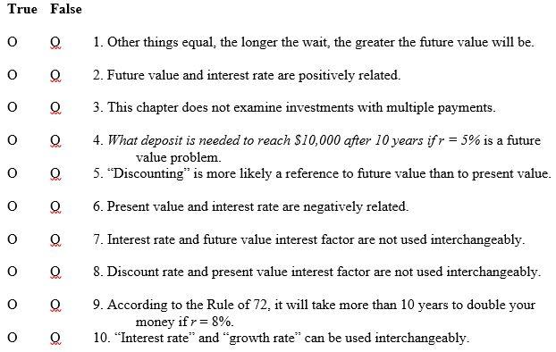  True False O 0 1. Other things equal, the longer the