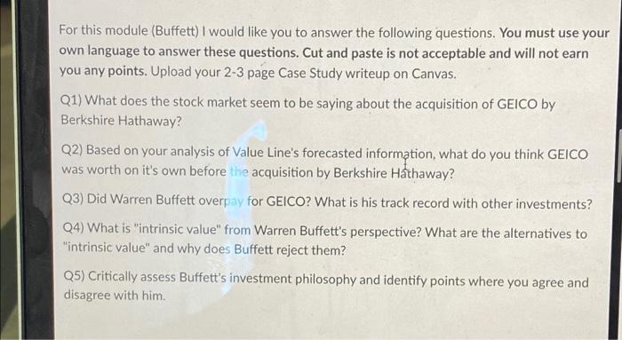  For this module (Buffett) I would like you to answer the