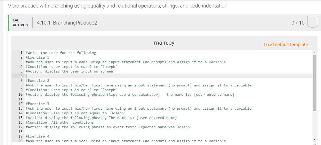  Zylab Python 4.10.1 Branching using equality and relational operators, strings, and