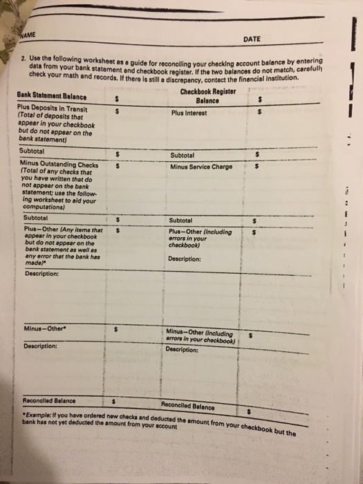  Please answer Use the following worksheet as a guide for reconciling
