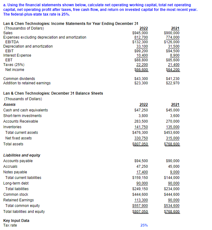 Show Excel Formulas a. Using the financial statements shown below, calculate net