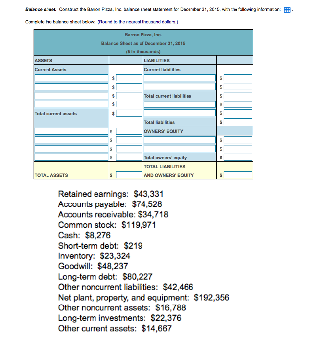  Balance sheet. Construct the Barron Pizza, Inc. balance sheet statement for