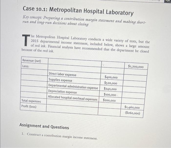  Case 10.1: Metropolitan Hospital Laboratory Key concept: Preparing a contribution margin