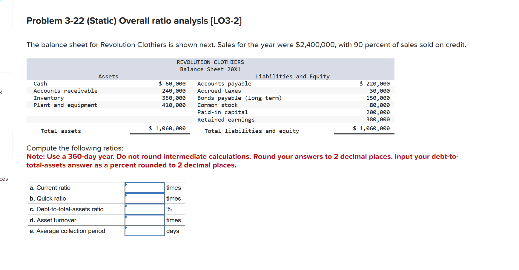  Problem 3-22 (Static) Overall ratio analysis [LO3-2] The balance sheet for