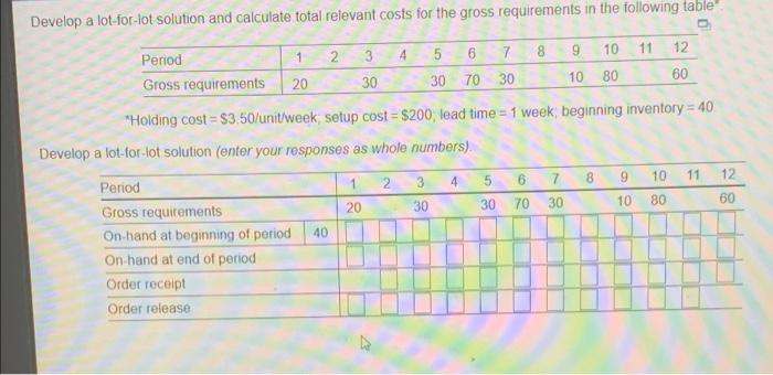  Develop a lot-for-lot solution and calculate total relevant costs for the