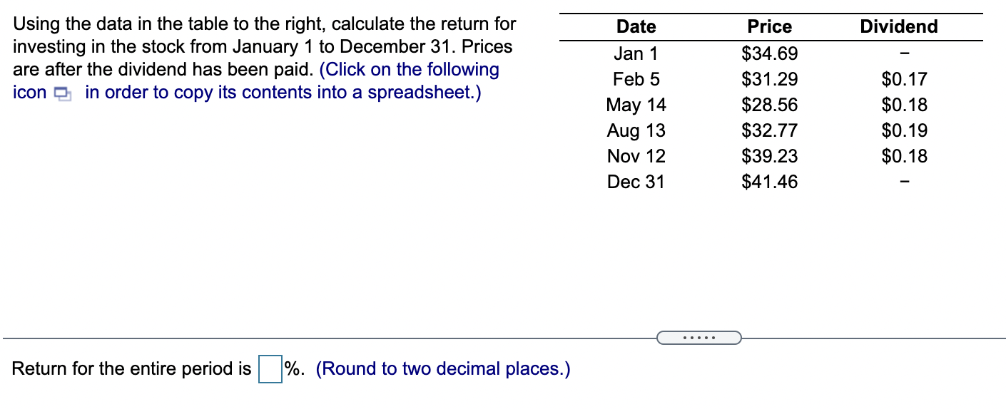 Date Dividend Using the data in the table to the right,