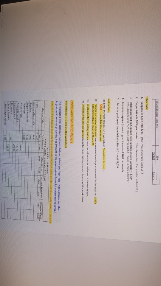COMPANY Worksheet For the Month Ended June 30, 2017 Trial Balance Account