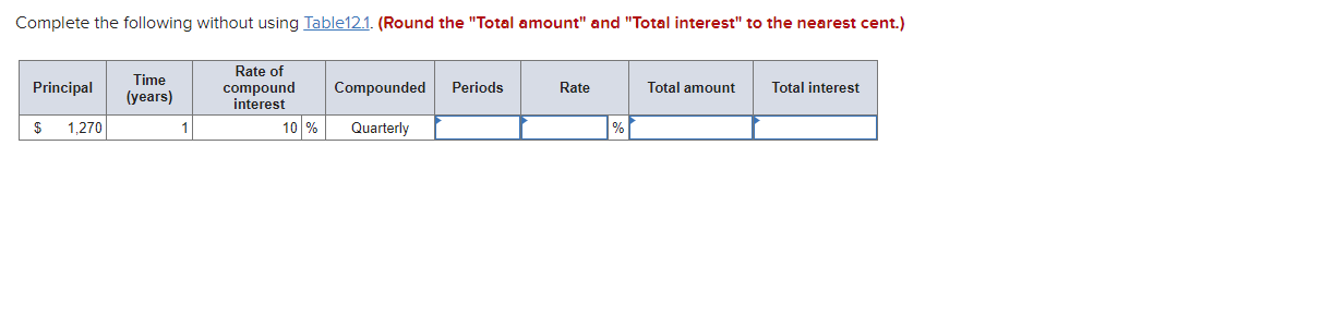  Complete the following without using Table12.1. (Round the "Total amount" and