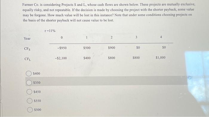  Farmer Co, is considering Projects S and L, whose cash flows