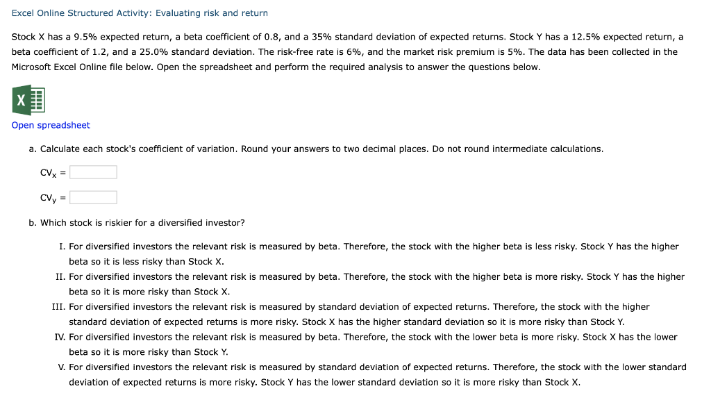 Excel Online Structured Activity: Evaluating risk and return Microsoft Excel Online