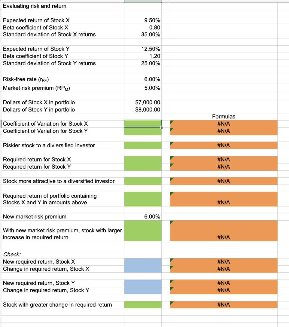 the questions below. Open spreadsheet a. Calculate each stock's coefficient of variation.