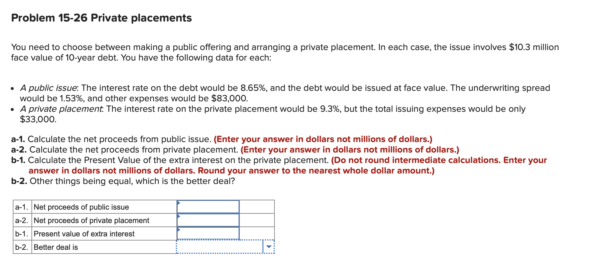  Problem 15-26 Private placements You need to choose between making a